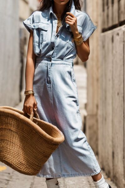 Slit Pocketed Half Button Denim Dress BLUE ZONE PLANET
