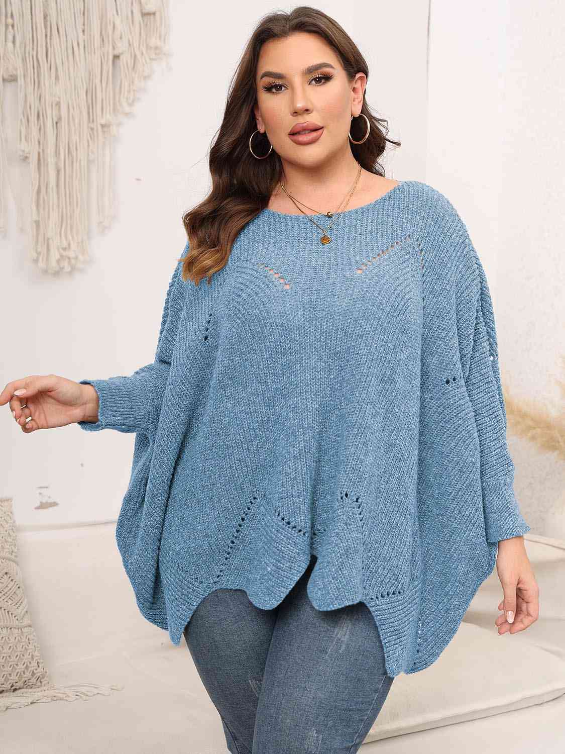 Plus Size Round Neck Batwing Sleeve Sweater BLUE ZONE PLANET