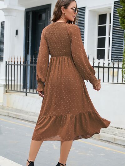Swiss Dot V-Neck Smocked Lantern Sleeve Ruffle Hem Dress BLUE ZONE PLANET