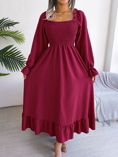 Smocked Square Neck Flounce Sleeve Dress BLUE ZONE PLANET
