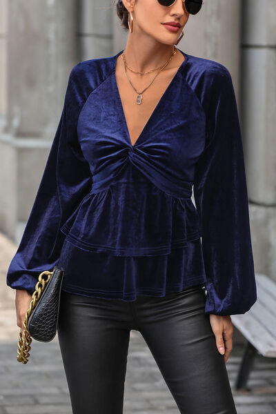 Blue Zone Planet | Twisted Layered Plunge Raglan Sleeve Blouse BLUE ZONE PLANET