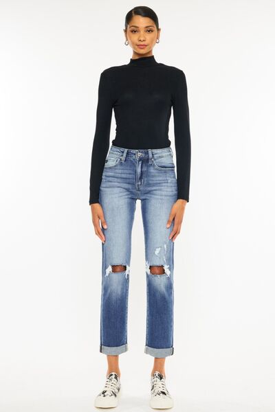 Kancan High Waist Distressed Hem Detail Cropped Straight Jeans BLUE ZONE PLANET