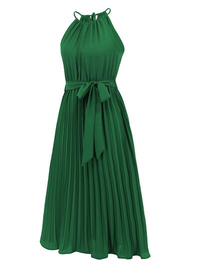 Blue Zone Planet | Pleated Spaghetti Strap Tie Waist Midi Dress BLUE ZONE PLANET