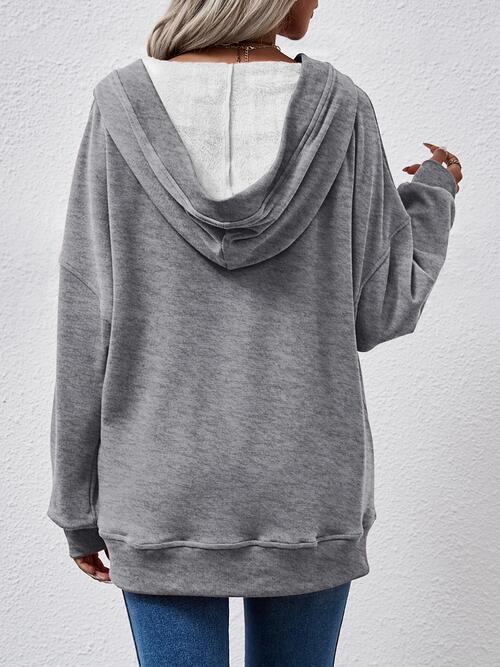 V-Neck Drop Shoulder Long Sleeve Hoodie BLUE ZONE PLANET