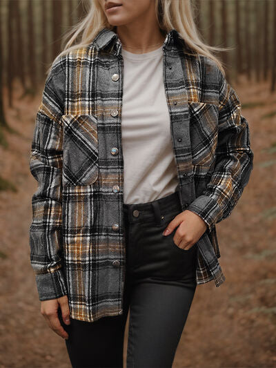 Blue Zone Planet | Plaid Snap Down Long Sleeve Shacket BLUE ZONE PLANET