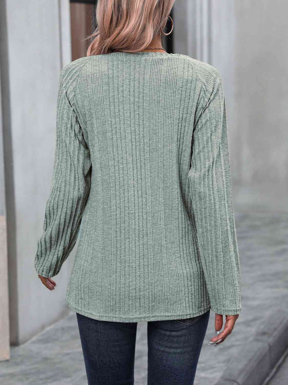 Ribbed Buttoned Round Neck Long Sleeve T-Shirt BLUE ZONE PLANET