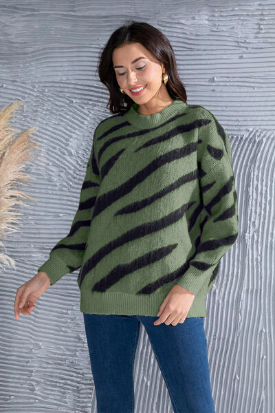 Blue Zone Planet | Animal Element Round Neck Dropped Shoulder Sweater BLUE ZONE PLANET