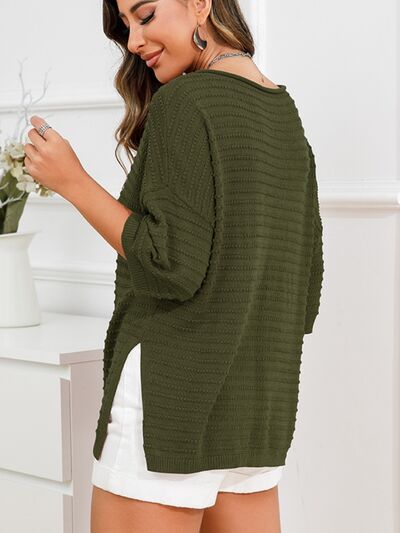 Blue Zone Planet | Rolled Round Neck Dropped Shoulder Slit Sweater BLUE ZONE PLANET