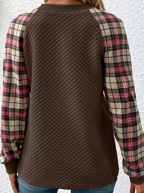 Plaid Round Neck Sweatshirt BLUE ZONE PLANET
