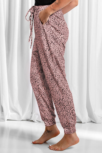 Blue Zone Planet | Full Size Leopard Drawstring Pocketed Pants BLUE ZONE PLANET