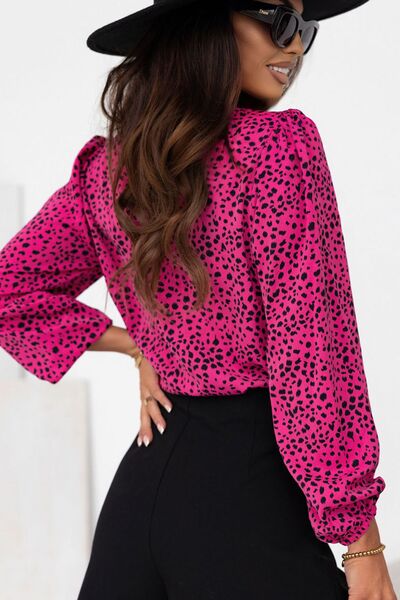 Blue Zone Planet | Leopard Round Neck Balloon Sleeve Blouse BLUE ZONE PLANET