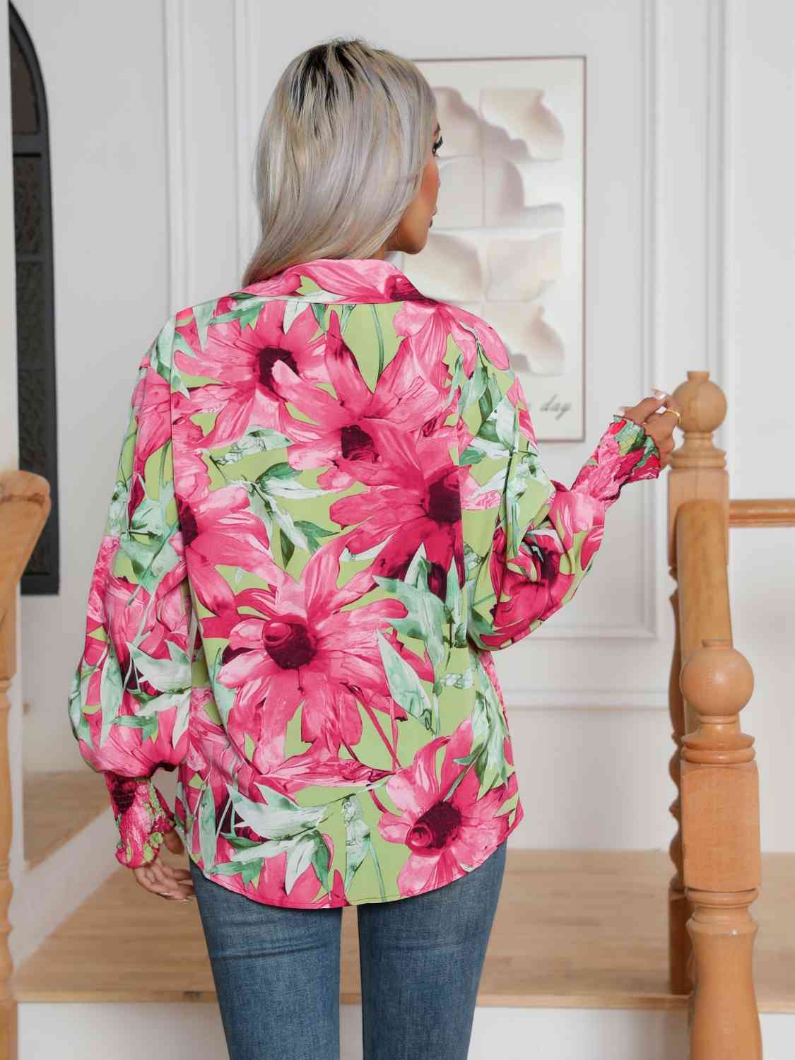Floral Collared Neck Buttoned Shirt BLUE ZONE PLANET