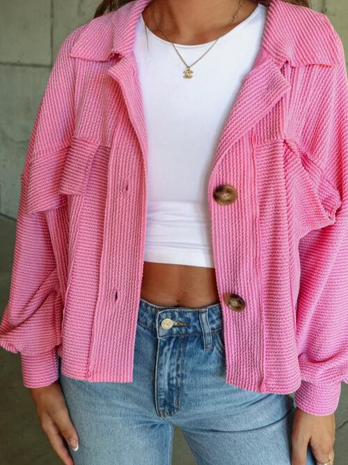 Ribbed Collared Neck Button Up Jacket BLUE ZONE PLANET