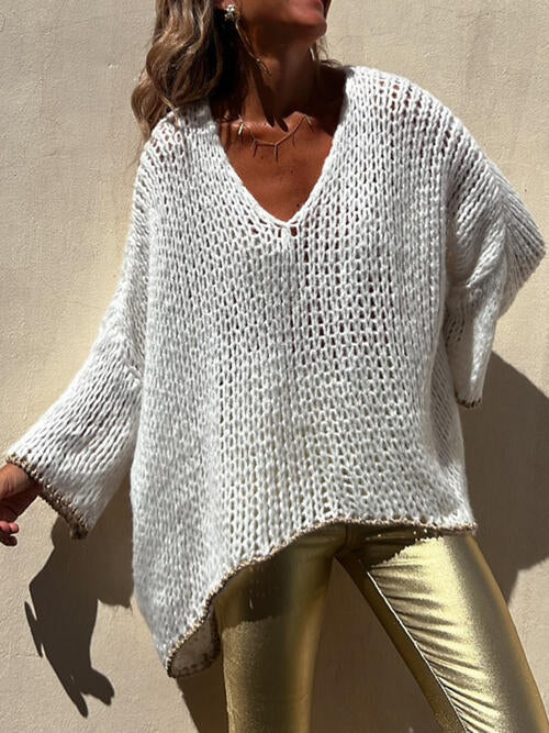 Contrast V-Neck Long Sleeve Sweater BLUE ZONE PLANET