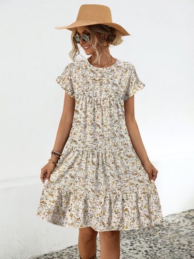 Blue Zone Planet | Frill Floral Round Neck Short Sleeve Tiered Dress BLUE ZONE PLANET