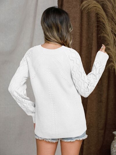 Openwork Round Neck Raglan Sleeve Sweater BLUE ZONE PLANET
