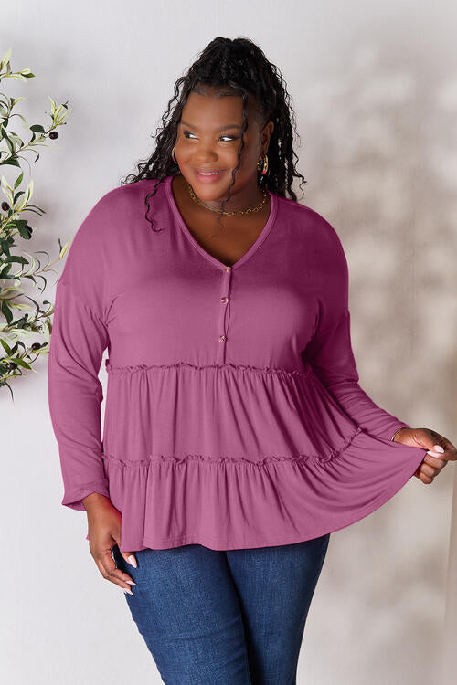 Double Take Half Button Long Sleeve Ruffle Hem Blouse BLUE ZONE PLANET