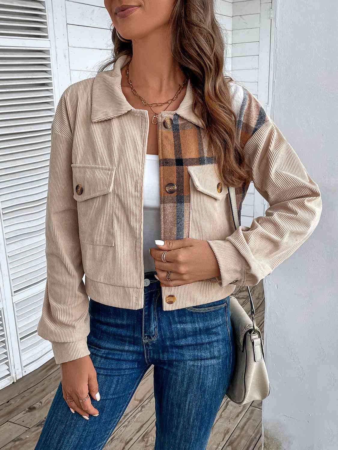 Color Block Collared Neck Button-Up Jacket BLUE ZONE PLANET