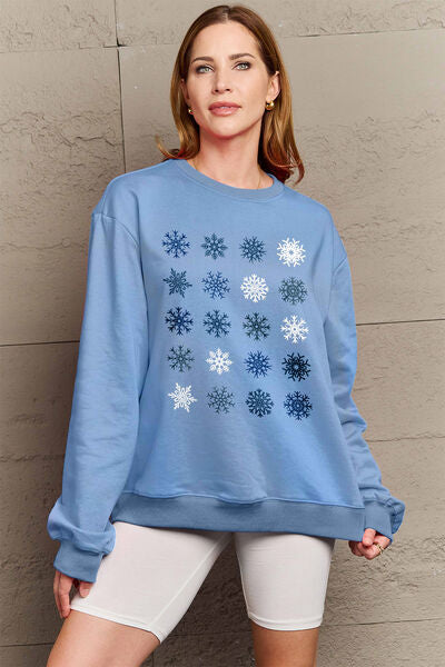 Blue Zone Planet | Simply Love Full Size Snowflakes Round Neck Sweatshirt BLUE ZONE PLANET