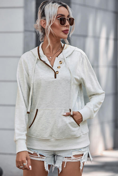 Half Button Drawstring Long Sleeve Hoodie BLUE ZONE PLANET