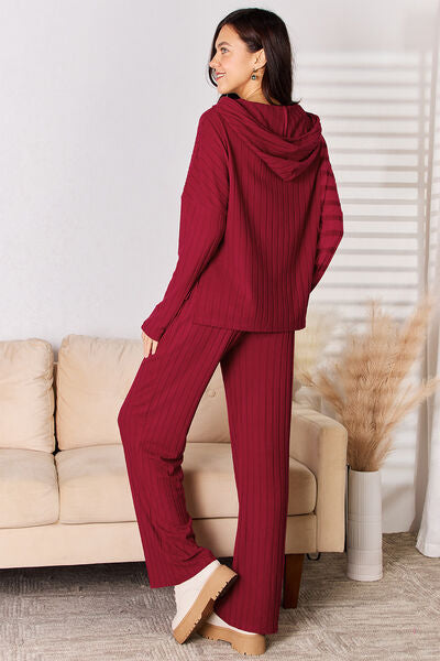 Blue Zone Planet | Basic Bae Full Size Ribbed Drawstring Hood Top and Straight Pants Set BLUE ZONE PLANET
