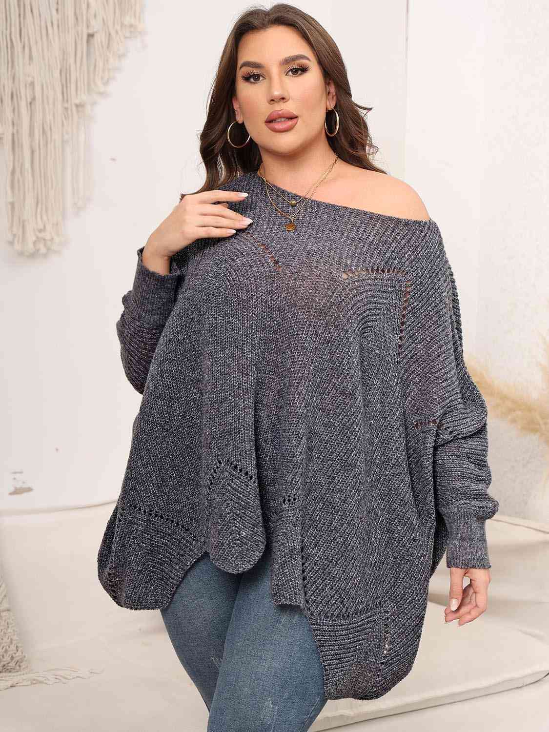 Plus Size Round Neck Batwing Sleeve Sweater BLUE ZONE PLANET