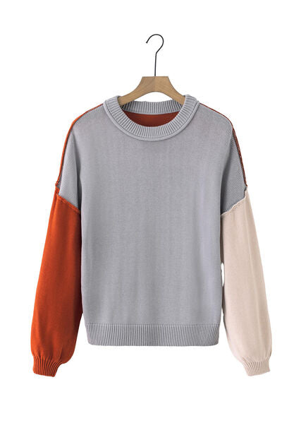 Blue Zone Planet | Contrast Round Neck Dropped Shoulder Sweater BLUE ZONE PLANET