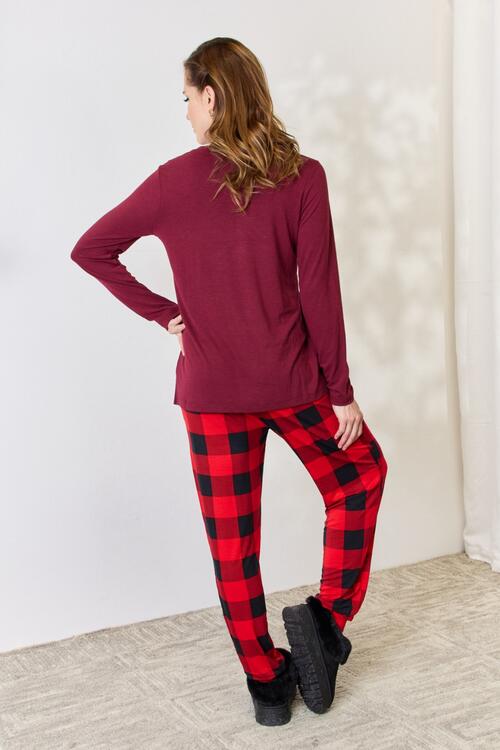 Zenana Full Size Plaid Round Neck Top and Pants Pajama Set BLUE ZONE PLANET