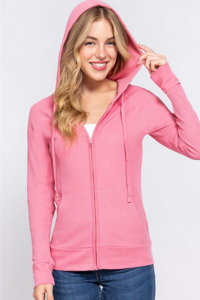 ACTIVE BASIC Waffle Knit Drawstring Zip Up Long Sleeve Hoodie BLUE ZONE PLANET