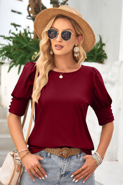 Blue Zone Planet | Round Neck Lantern Sleeve Blouse BLUE ZONE PLANET
