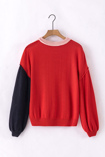 Blue Zone Planet | Contrast Round Neck Dropped Shoulder Sweater BLUE ZONE PLANET