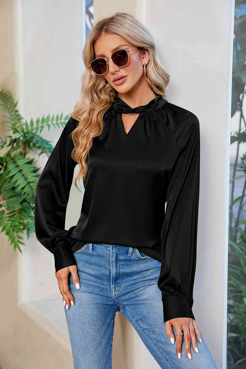 Cutout Mock Neck Long Sleeve Top BLUE ZONE PLANET