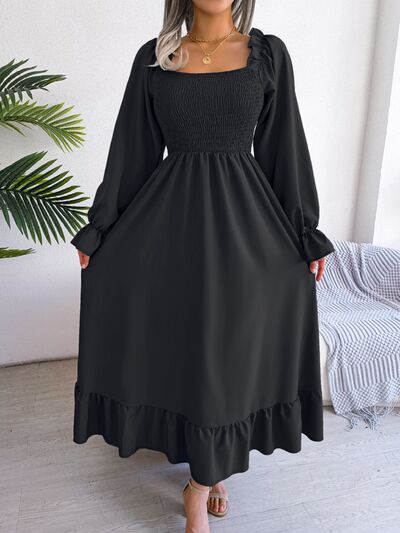Smocked Square Neck Flounce Sleeve Dress BLUE ZONE PLANET