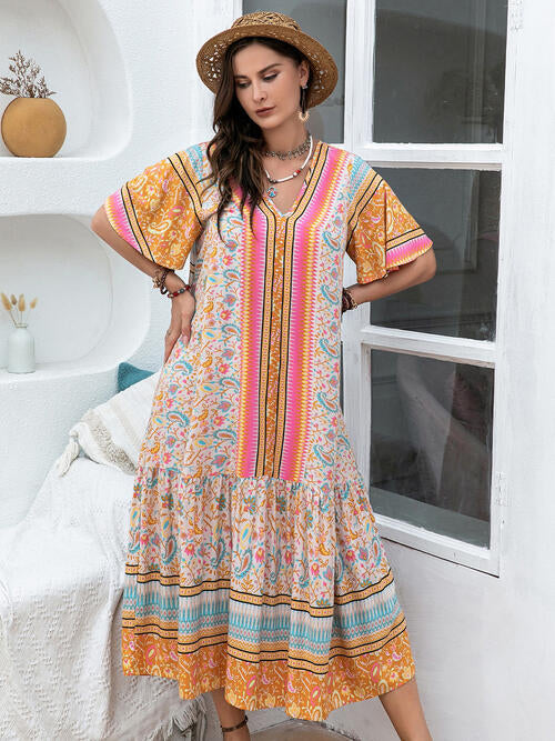 Plus Size Floral Tied Short Sleeve Midi Dress BLUE ZONE PLANET