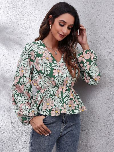 Floral V-Neck Balloon Sleeve Peplum Blouse BLUE ZONE PLANET