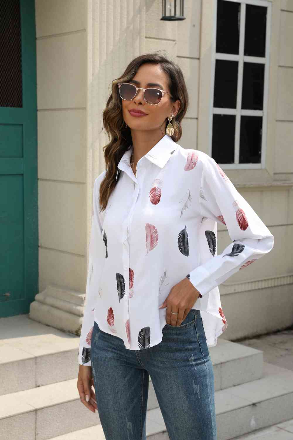 Printed Collared Neck Buttoned Shirt BLUE ZONE PLANET