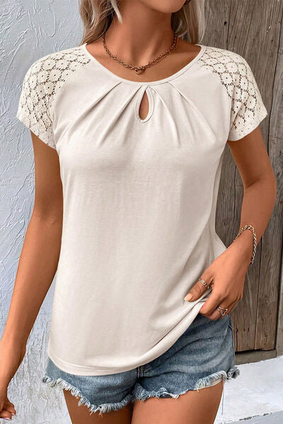 Blue Zone Planet | Cutout Round Neck Lace Short Sleeve T-Shirt BLUE ZONE PLANET