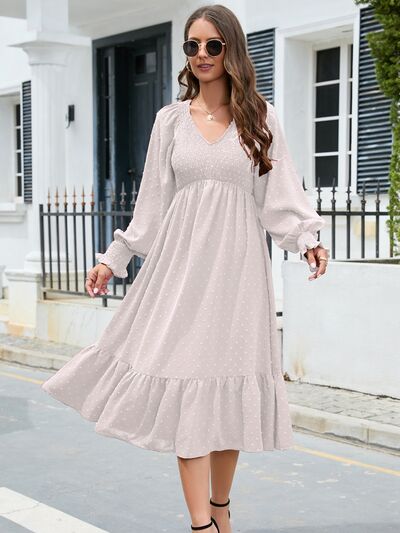 Swiss Dot V-Neck Smocked Lantern Sleeve Ruffle Hem Dress BLUE ZONE PLANET