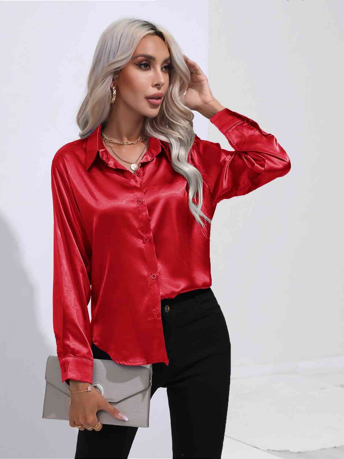 Collared Neck Buttoned Long Sleeve Shirt BLUE ZONE PLANET