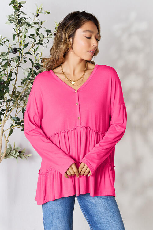 Double Take Half Button Long Sleeve Ruffle Hem Blouse BLUE ZONE PLANET