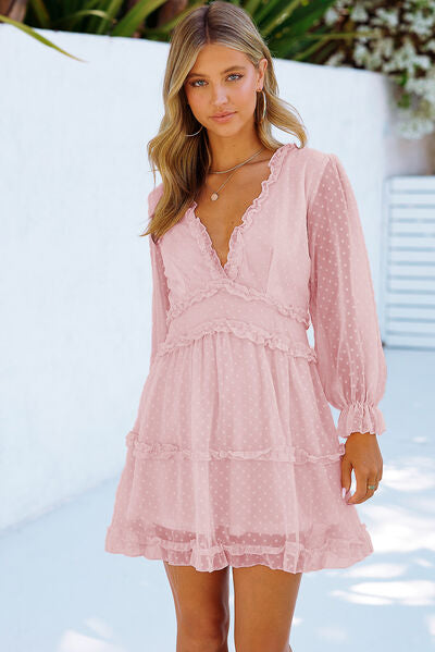 Blue Zone Planet | Swiss Dot Frill V-Neck Mini Dress BLUE ZONE PLANET