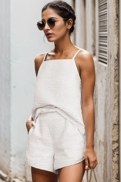 Waffle-Knit Cami and Pocketed Shorts Set Trendsi