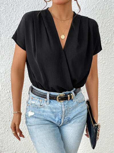 Blue Zone Planet | Surplice Short Sleeve Ruched Bodysuit BLUE ZONE PLANET
