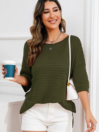 Blue Zone Planet | Rolled Round Neck Dropped Shoulder Slit Sweater BLUE ZONE PLANET