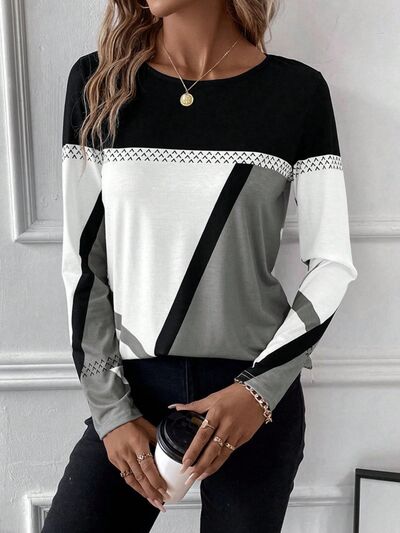 Contrast Round Neck Long Sleeve T-Shirt Trendsi