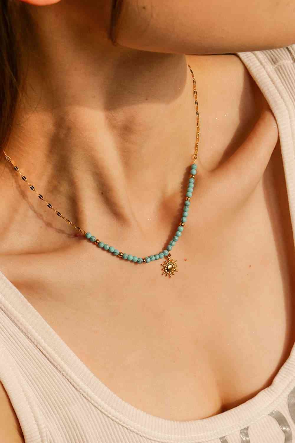 Turquoise Beaded 18K Gold-Plated Sun Shape Pendant Necklace BLUE ZONE PLANET