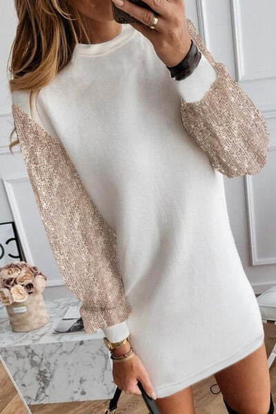 Sequin Long Sleeve Round Neck Mini Dress BLUE ZONE PLANET