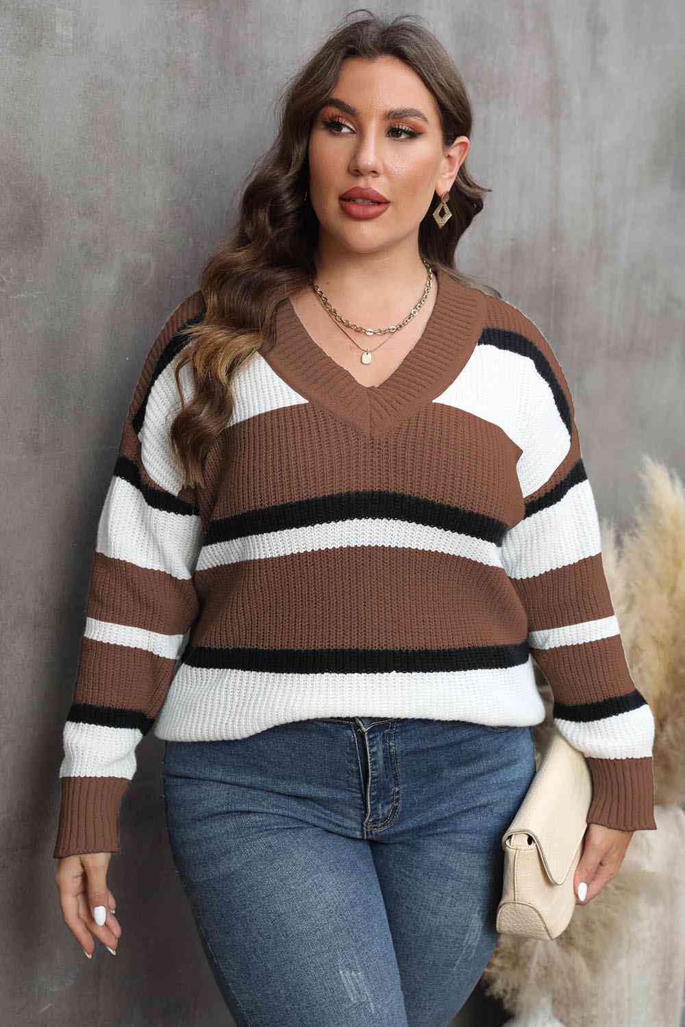 Plus Size Striped V-Neck Dropped Shoulder Sweater BLUE ZONE PLANET