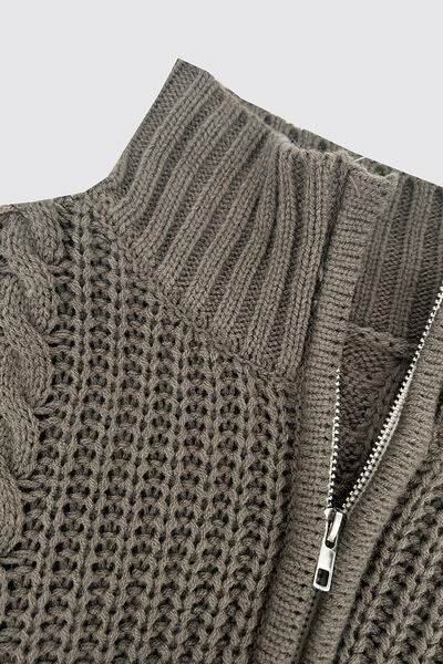 Blue Zone Planet | Cable-Knit Striped Quarter Zip Turtleneck Sweater BLUE ZONE PLANET