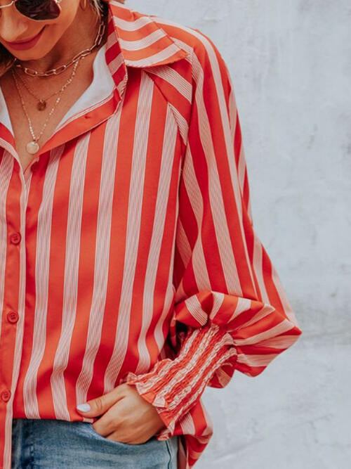 Striped Collared Neck Lantern Sleeve Shirt BLUE ZONE PLANET